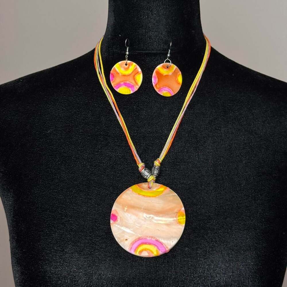 Handmade Boho Neon Painted Shell Necklace and Earring Set